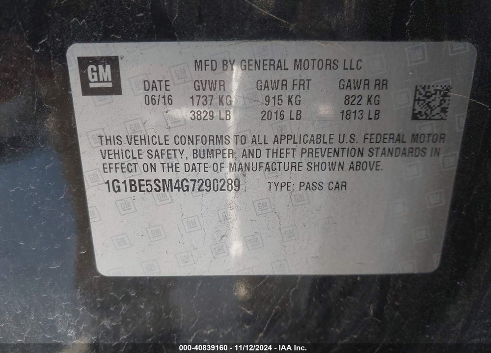 2016 CHEVROLET CRUZE LT AUTO VIN: 1G1BE5SM4G7290289