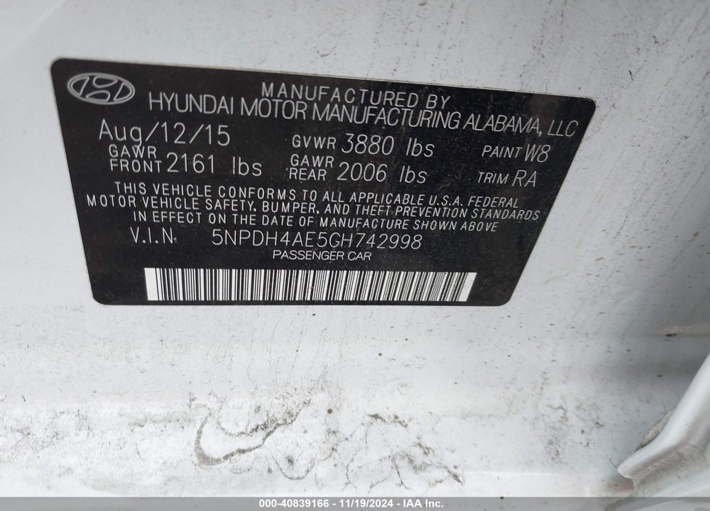 2016 HYUNDAI ELANTRA SE VIN: 5NPDH4AE5GH742998