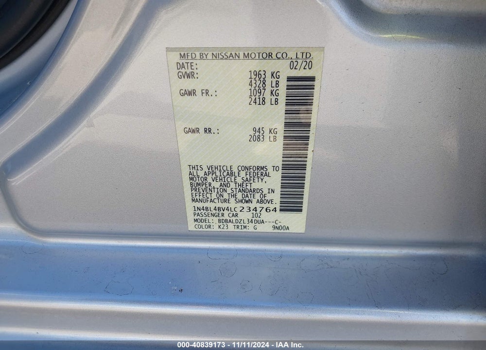 2020 NISSAN ALTIMA VIN: 1N4BL4BV4LC234764
