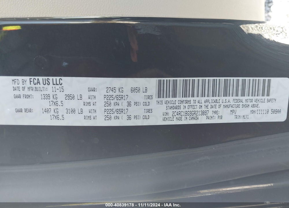 2016 CHRYSLER TOWN & COUNTRY TOURING VIN: 2C4RC1BG9GR213897