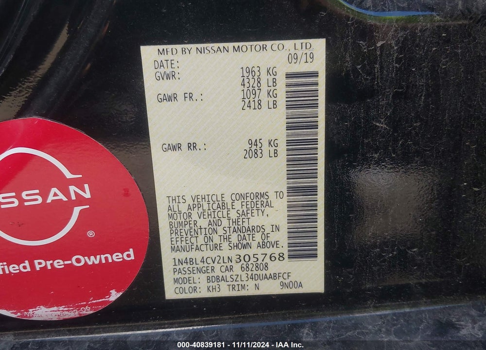 2020 NISSAN ALTIMA SR FWD VIN: 1N4BL4CV2LN305768
