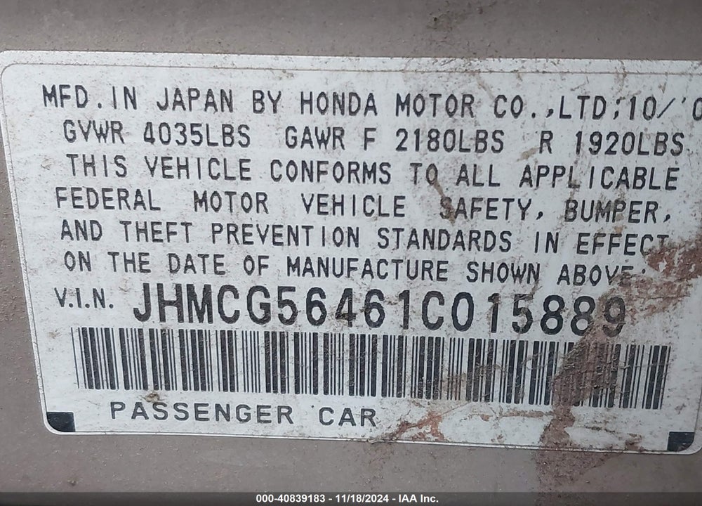 2001 HONDA ACCORD 2.3 LX VIN: JHMCG56461C015889