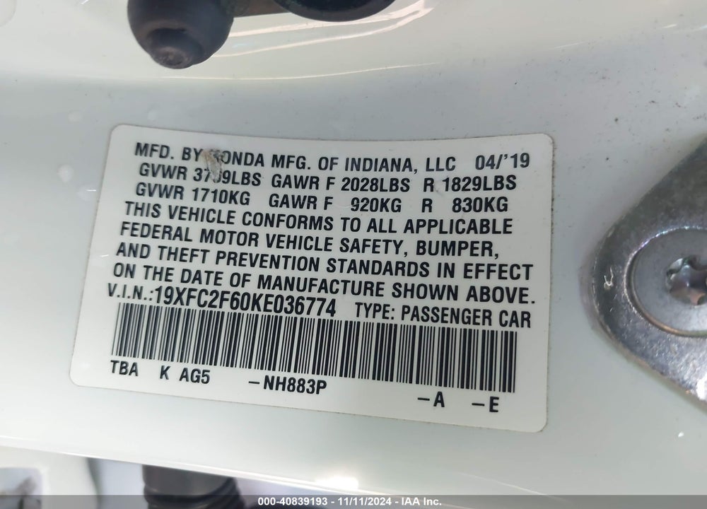 2019 HONDA CIVIC VIN: 19XFC2F60KE036774