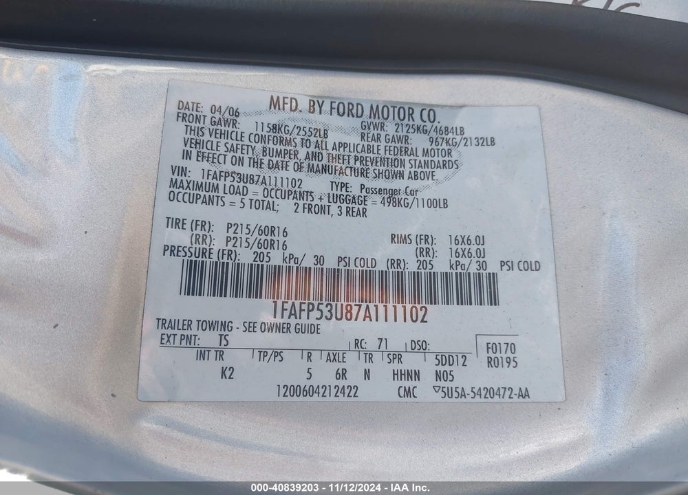 2007 FORD TAURUS SE VIN: 1FAFP53U87A111102
