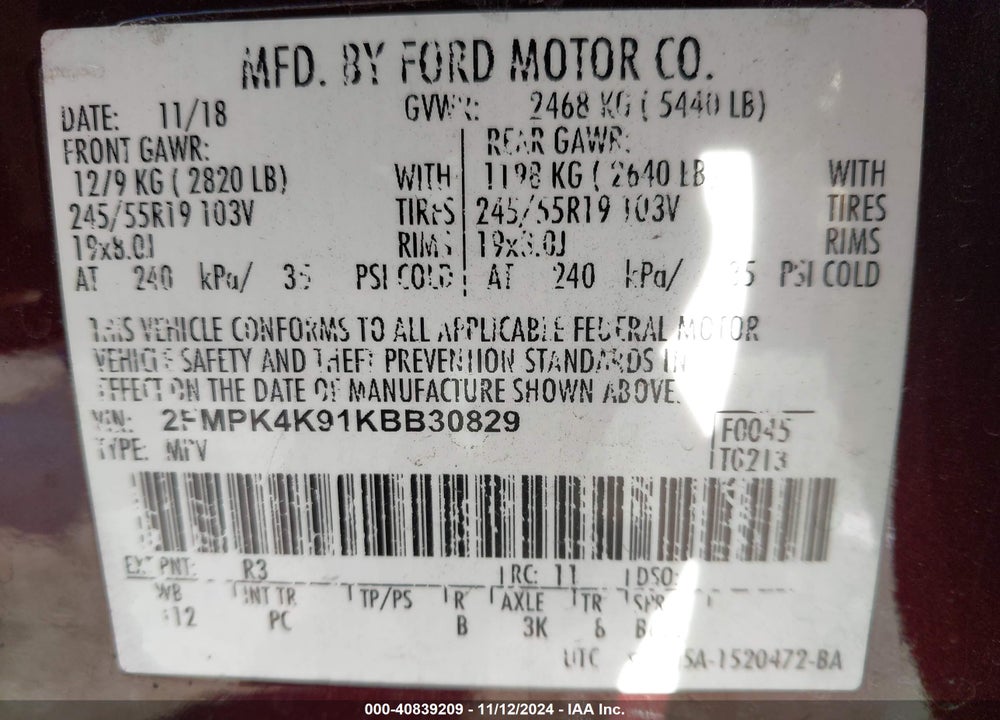 2019 FORD EDGE VIN: 2FMPK4K91KBB30829
