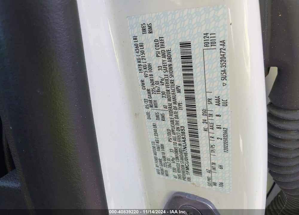2022 FORD ESCAPE SEL VIN: 1FMCU0H67NUA83853