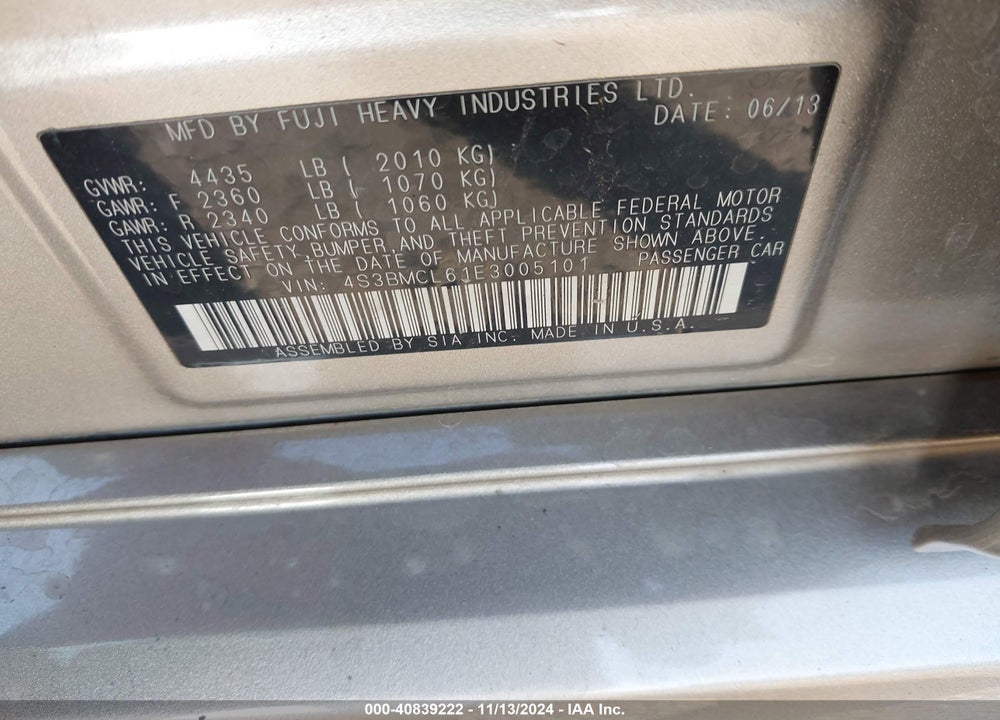 2014 SUBARU LEGACY 2.5I LIMITED VIN: 4S3BMCL61E3005101