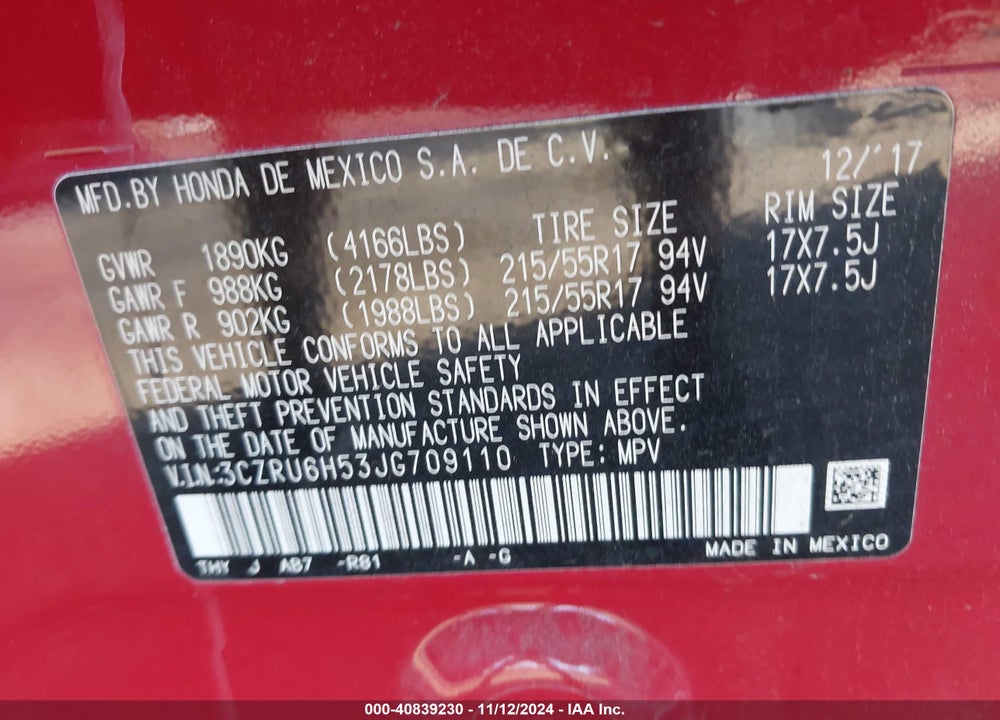 2018 HONDA HR-V EX VIN: 3CZRU6H53JG709110