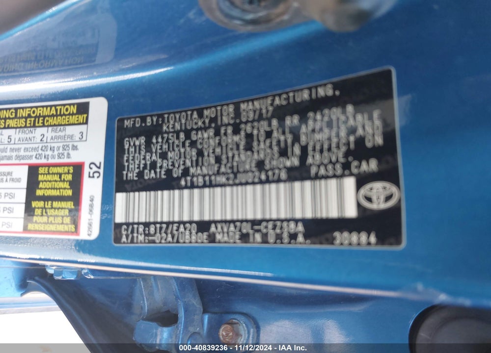 2018 TOYOTA CAMRY SE VIN: 4T1B11HK2JU024176