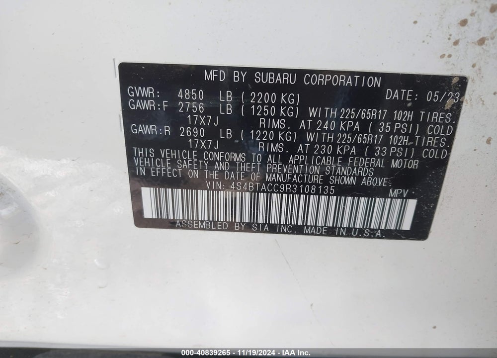 2024 SUBARU OUTBACK PREMIUM VIN: 4S4BTACC9R3108135