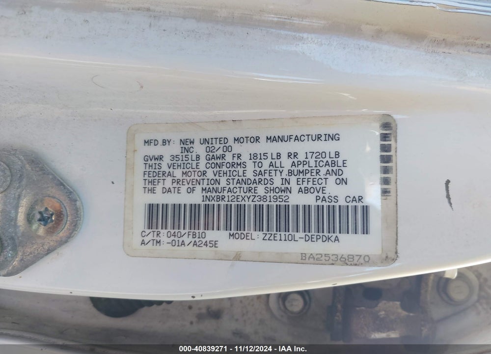 2000 TOYOTA COROLLA CE/LE/VE VIN: 1NXBR12EXYV381952