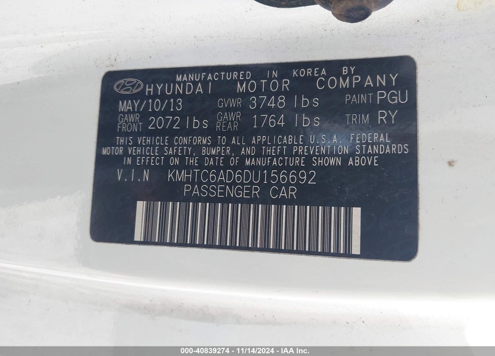 2013 HYUNDAI VELOSTER BASE W/GRAY VIN: KMHTC6AD6DU156692