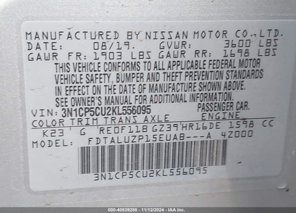 2019 NISSAN KICKS SR VIN: 3N1CP5CU2KL556095