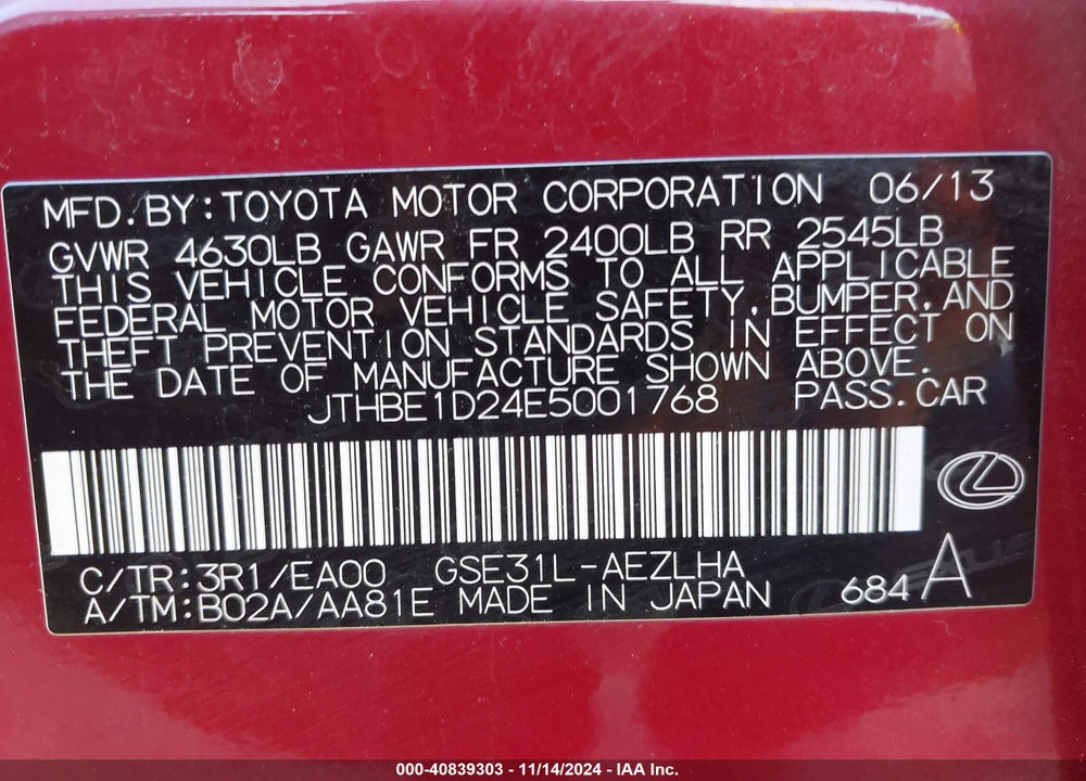 2014 LEXUS IS 350 VIN: JTHBE1D24E5001768