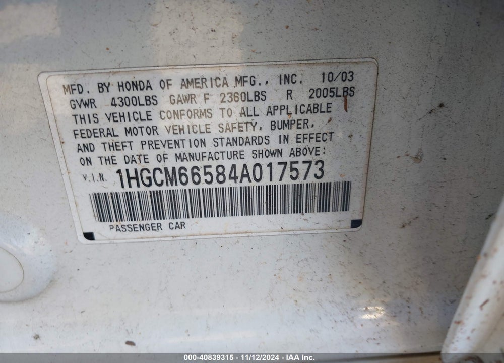 2004 HONDA ACCORD 3.0 EX VIN: 1HGCM66584A017573