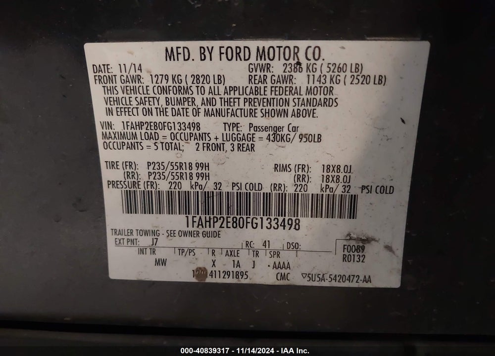 2015 FORD TAURUS SEL VIN: 1FAHP2E80FG133498