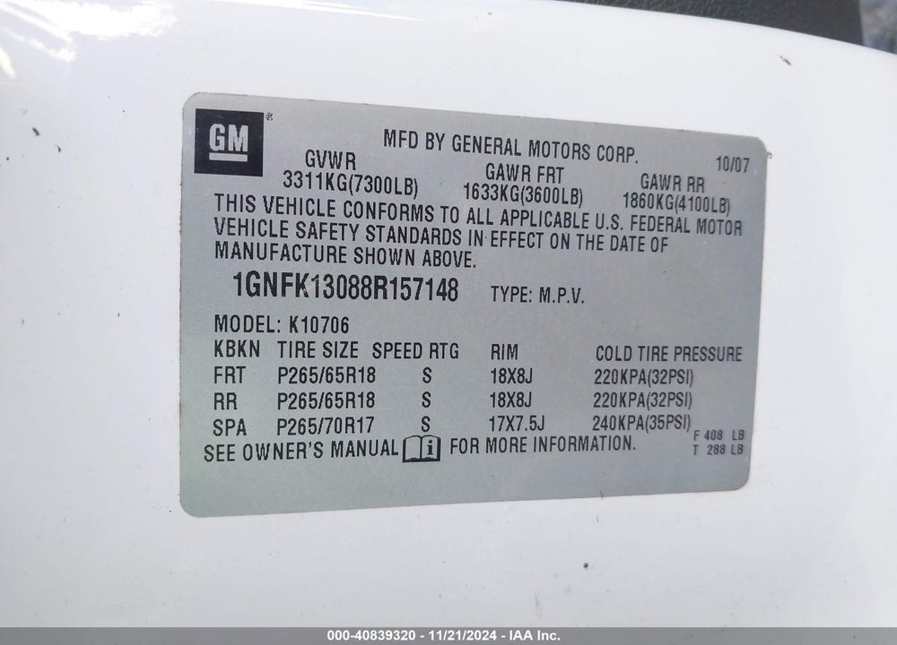 2008 CHEVROLET TAHOE LT VIN: 1GNFK13088R157148