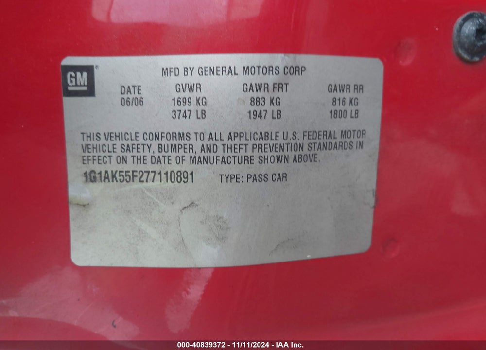 2007 CHEVROLET COBALT LS VIN: 1G1AK55F277110891