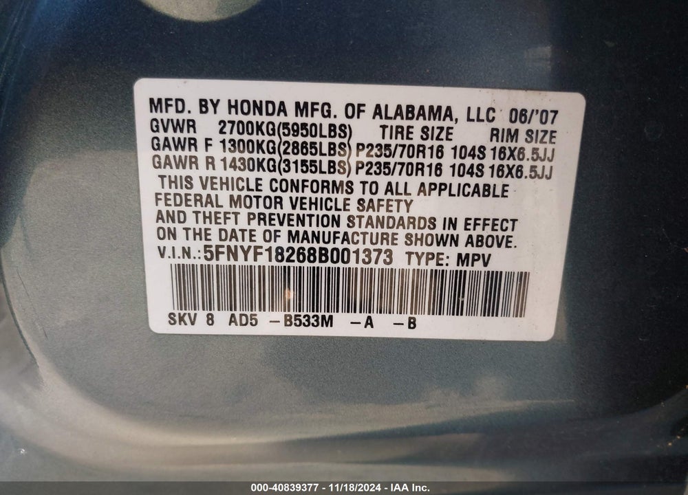 2008 HONDA PILOT VP VIN: 5FNYF18268B001373