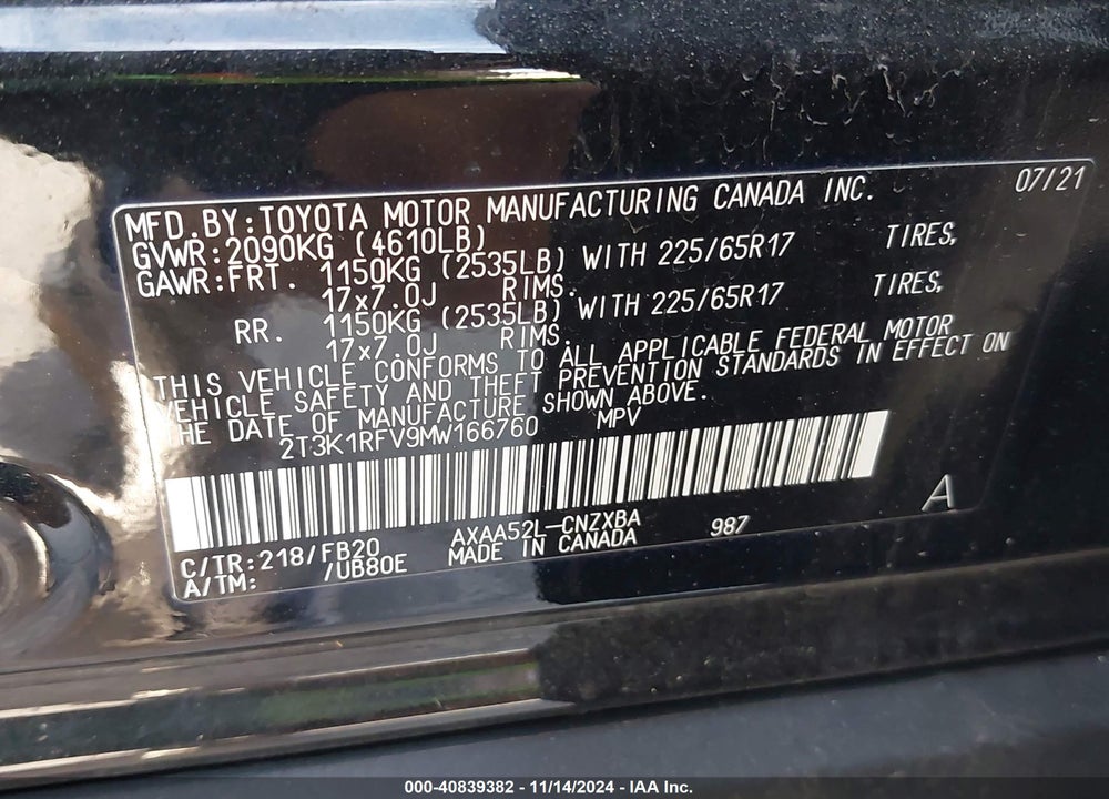 2021 TOYOTA RAV4 LE VIN: 2T3K1RFV9MW166760