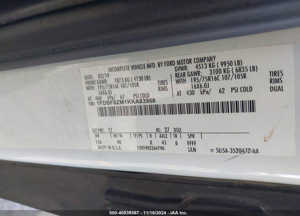 2019 FORD TRANSIT-350 CAB VIN: 1FDBF8ZM1KKA83968