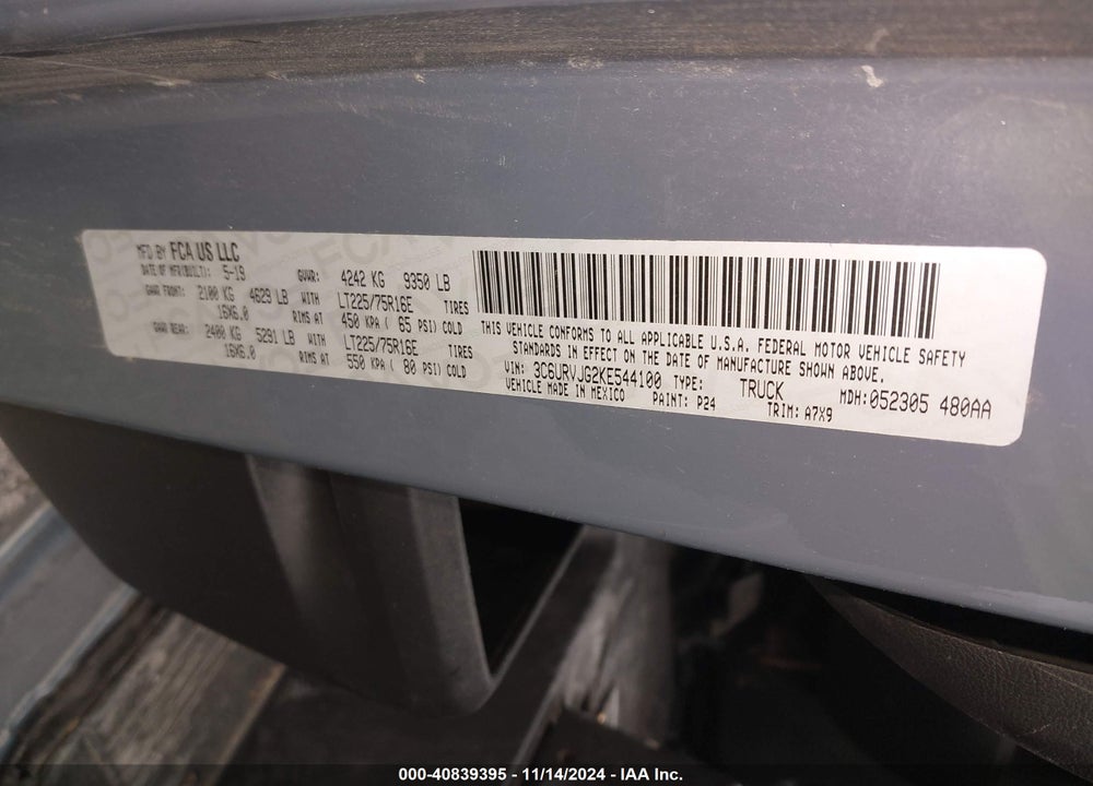 2019 RAM PROMASTER 3500 CARGO VAN HIGH ROOF 159 WB EXT VIN: 3C6URVJG2KE544100