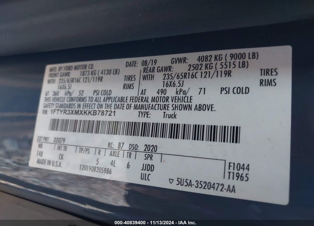 2019 FORD TRANSIT-250 VIN: 1FTYR3XMXKKB78721