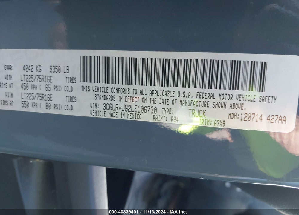 2020 RAM PROMASTER 3500 CARGO VAN HIGH ROOF 159 WB EXT VIN: 3C6URVJG2LE106730