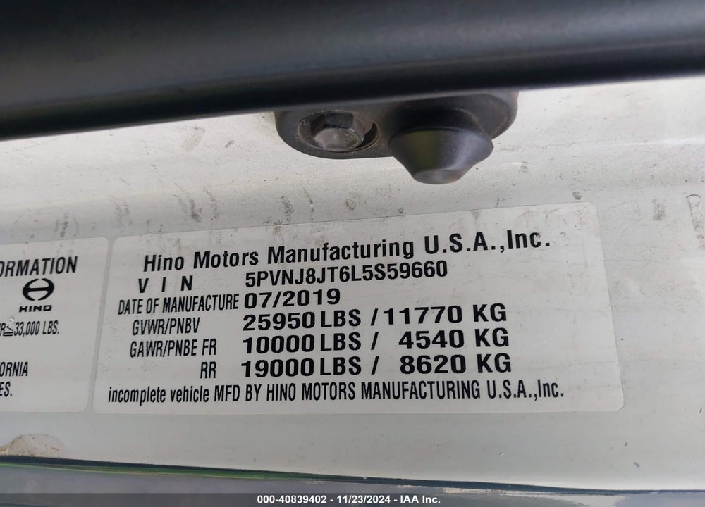 2020 HINO 258/268 VIN: 5PVNJ8JT6L5S59660
