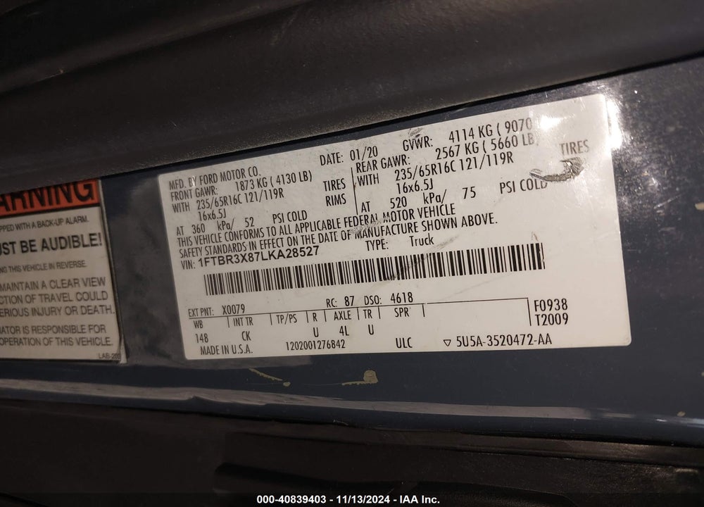 2020 FORD TRANSIT-250 CARGO VAN VIN: 1FTBR3X87LKA28527