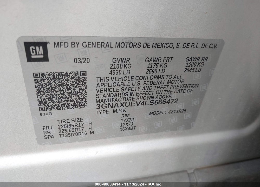 2020 CHEVROLET EQUINOX AWD LT 1.5L TURBO VIN: 3GNAXUEV4LS666472