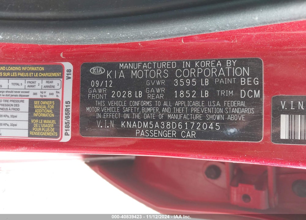 2013 KIA RIO LX VIN: KNADM5A38D6172045
