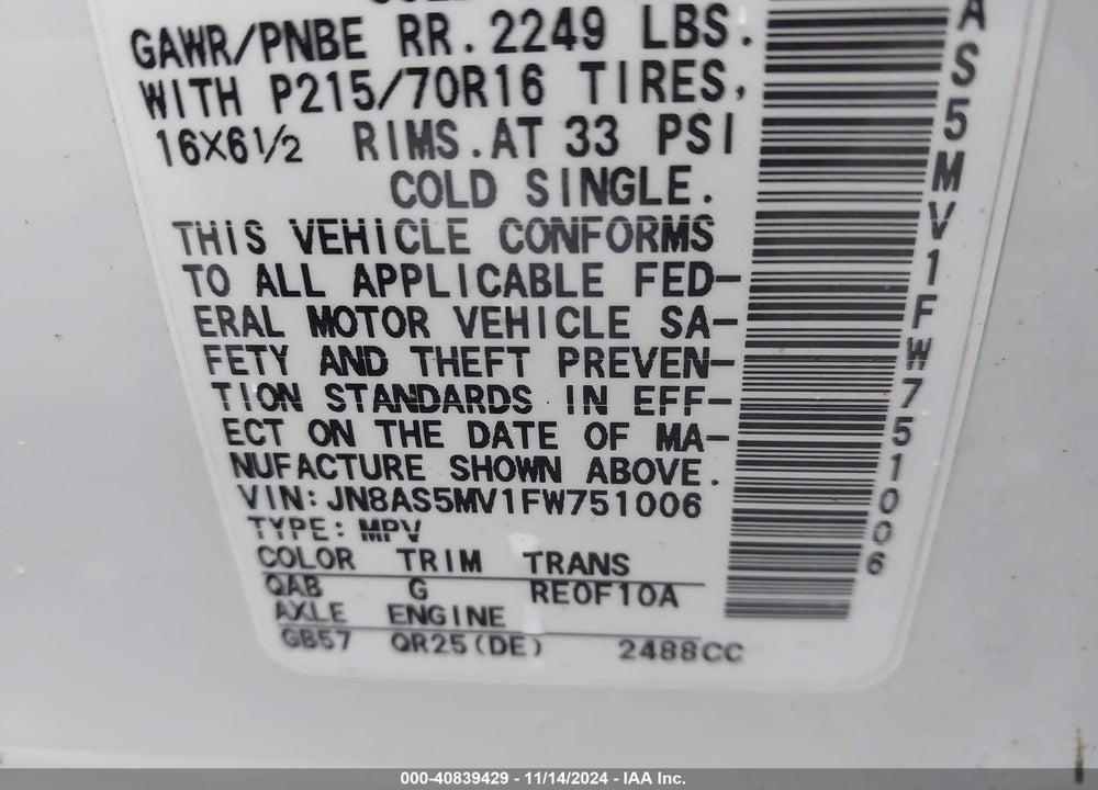 2015 NISSAN ROGUE SELECT S VIN: JN8AS5MV1FW751006