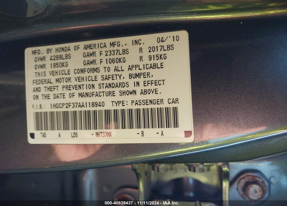 2010 HONDA ACCORD 2.4 LX VIN: 1HGCP2F37AA118940