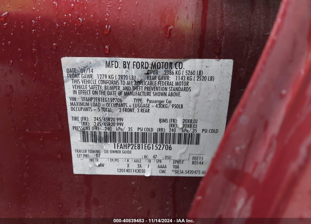 2014 FORD TAURUS SEL VIN: 1FAHP2E81EG152706