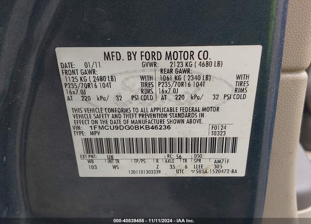 2011 FORD ESCAPE XLT VIN: 1FMCU9DG0BKB46236