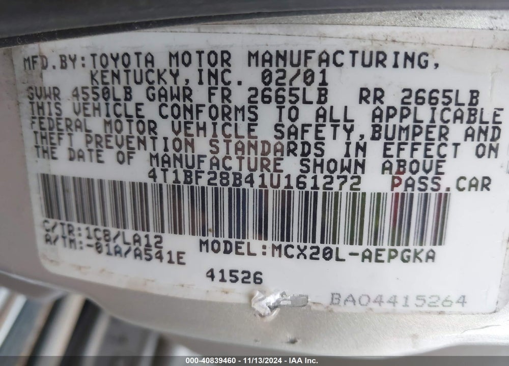 2001 TOYOTA AVALON XLS VIN: 4T1BF28B41U161272