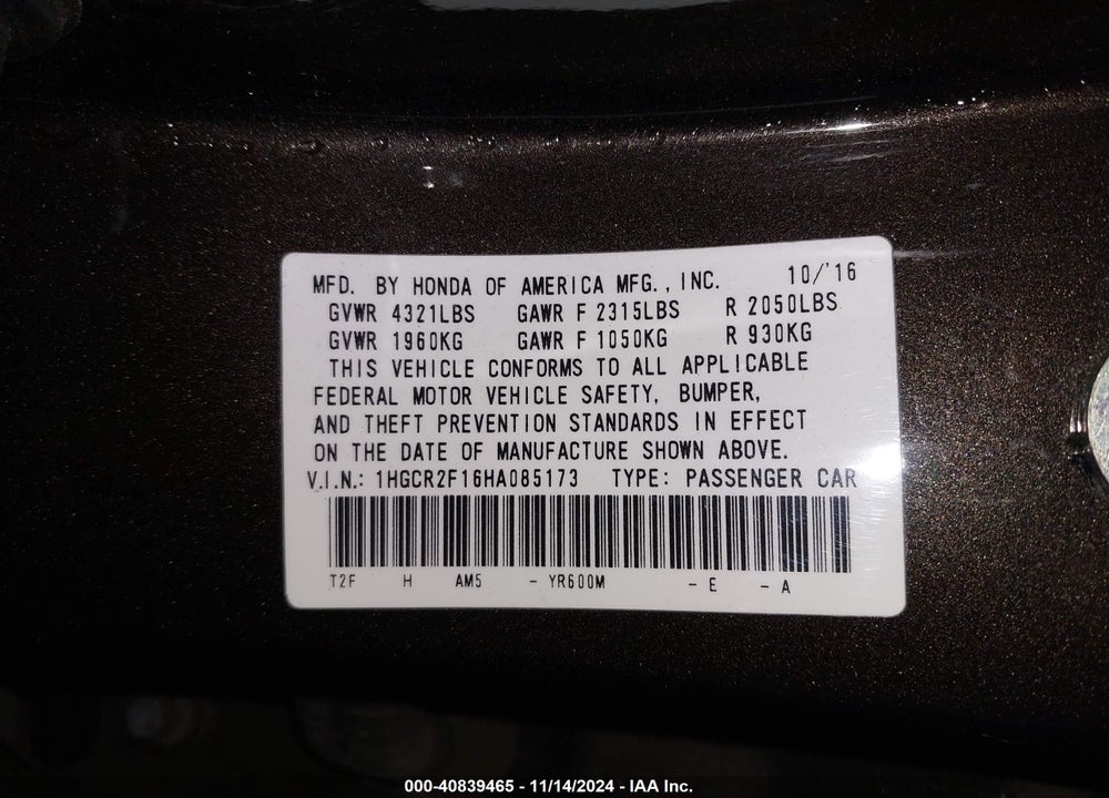 2017 HONDA ACCORD SPORT SE VIN: 1HGCR2F16HA085173