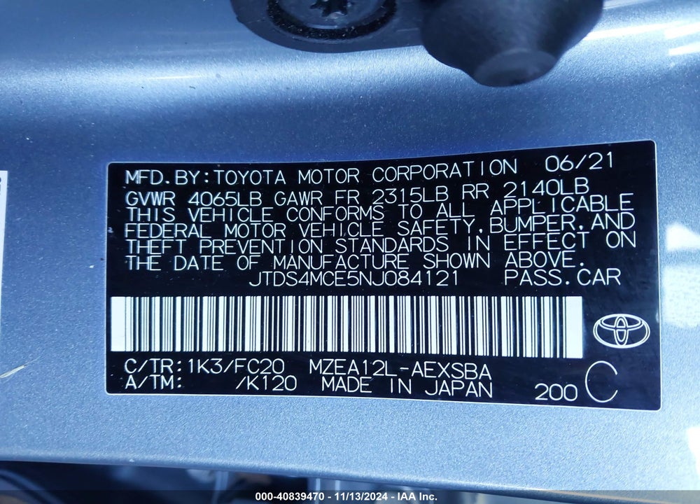 2022 TOYOTA COROLLA SE VIN: JTDS4MCE5NJ084121