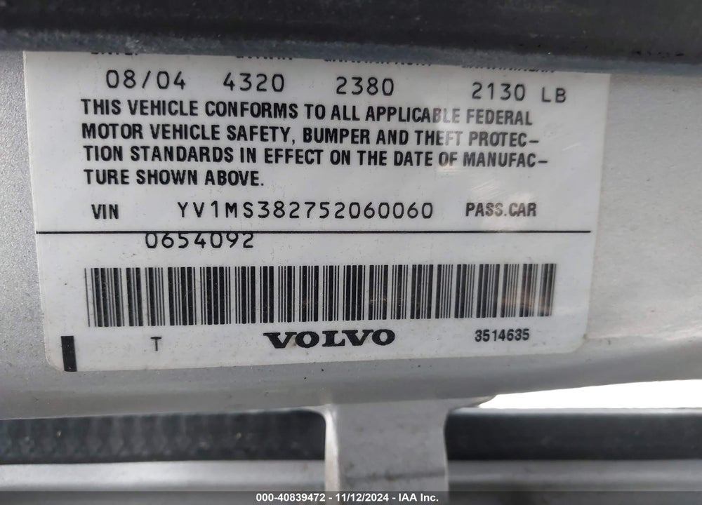 2005 VOLVO S40 2.4I VIN: YV1MS382752060060
