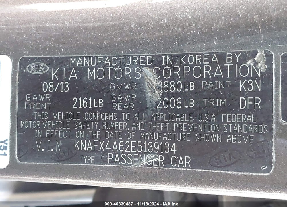 2014 KIA FORTE LX VIN: KNAFX4A62E5139134