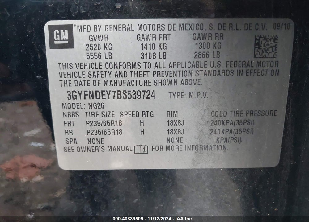 2011 CADILLAC SRX VIN: 3GYFNDEY7BS539724