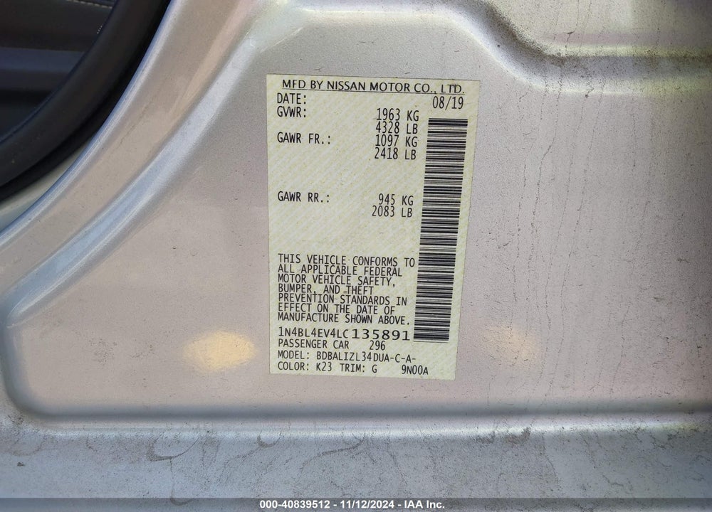 2020 NISSAN ALTIMA SL FWD VIN: 1N4BL4EV4LC135891
