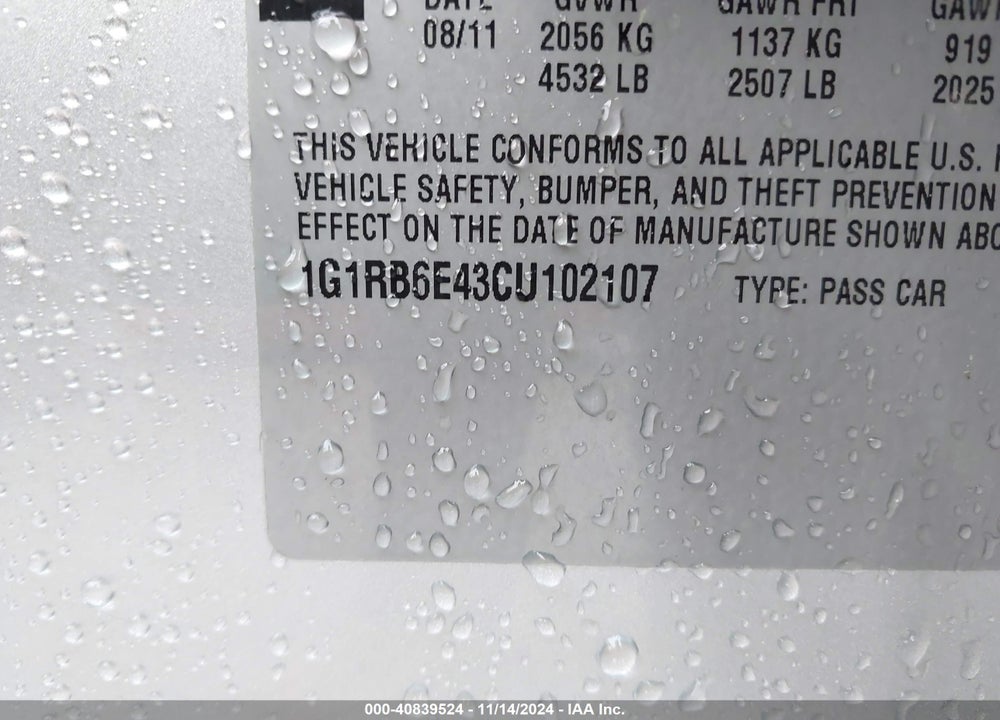 2012 CHEVROLET VOLT VIN: 1G1RB6E43CU102107