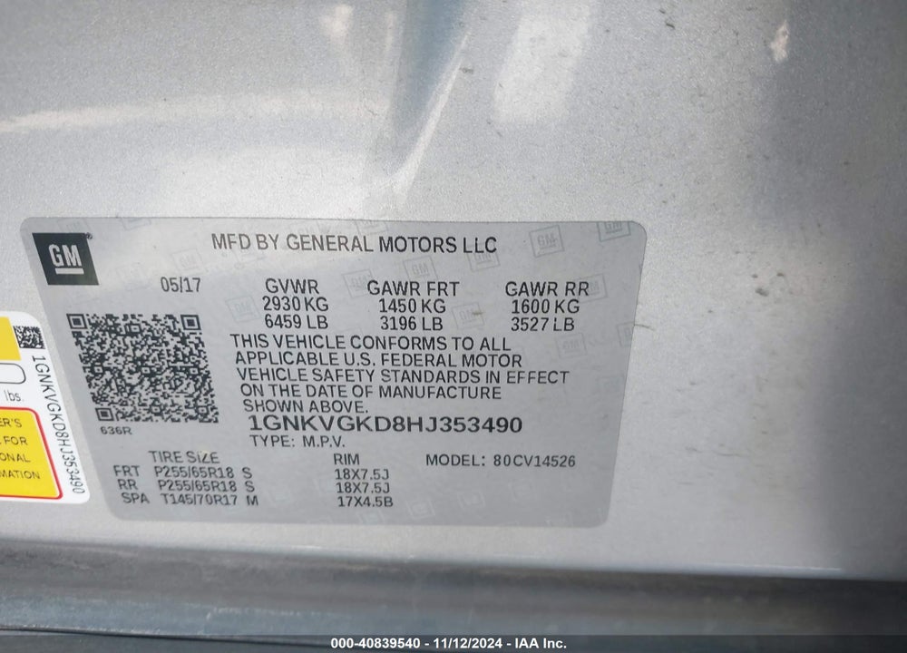 2017 CHEVROLET TRAVERSE 1LT VIN: 1GNKVGKD8HJ353490