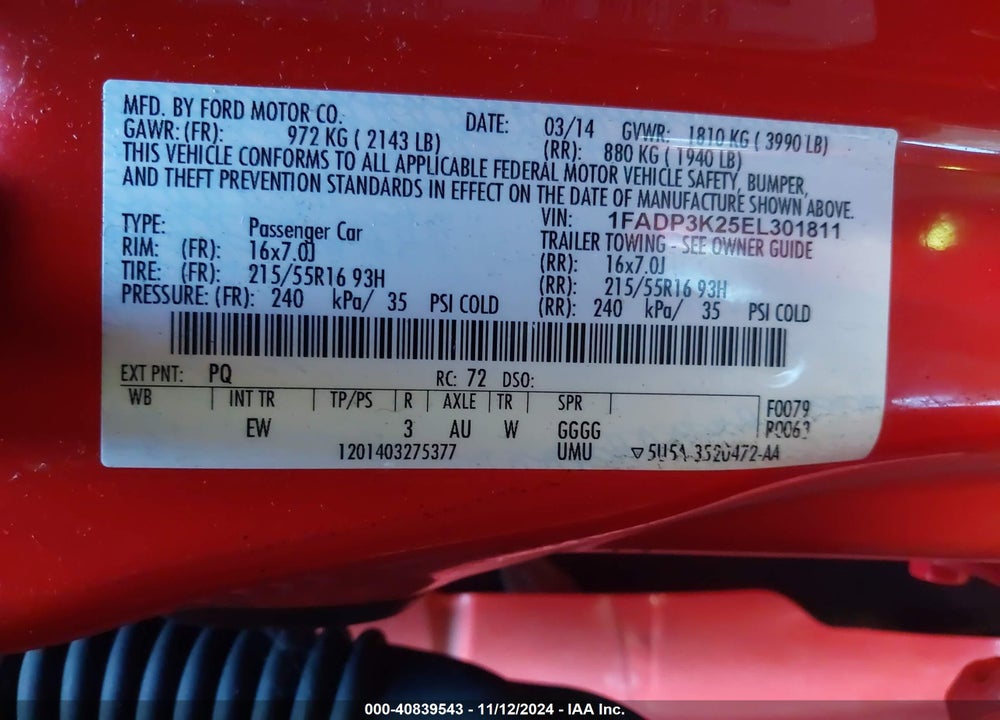 2014 FORD FOCUS SE VIN: 1FADP3K25EL301811