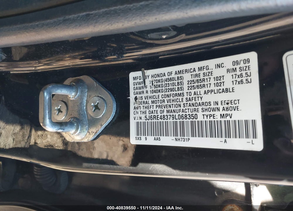2009 HONDA CR-V LX VIN: 5J6RE48379L068350