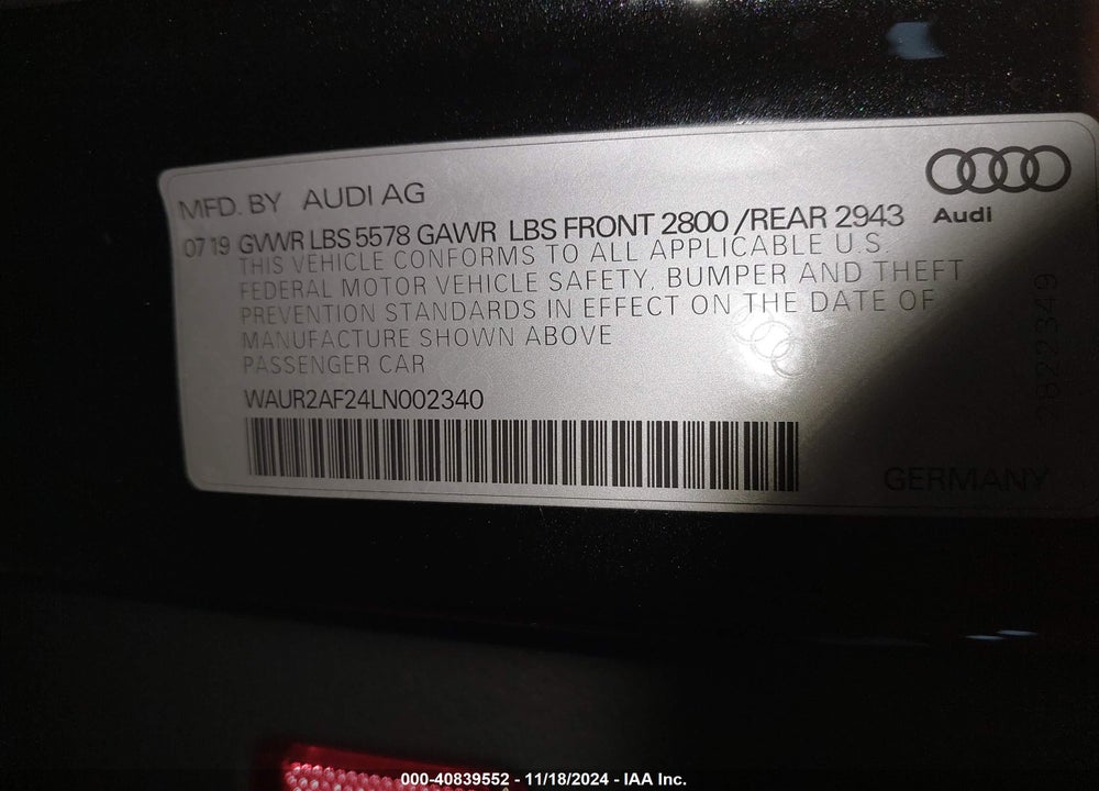 2020 AUDI A7 SPORTBACK PREMIUM PLUS 55 TFSI QUATTRO S TRONIC VIN: WAUR2AF24LN002340