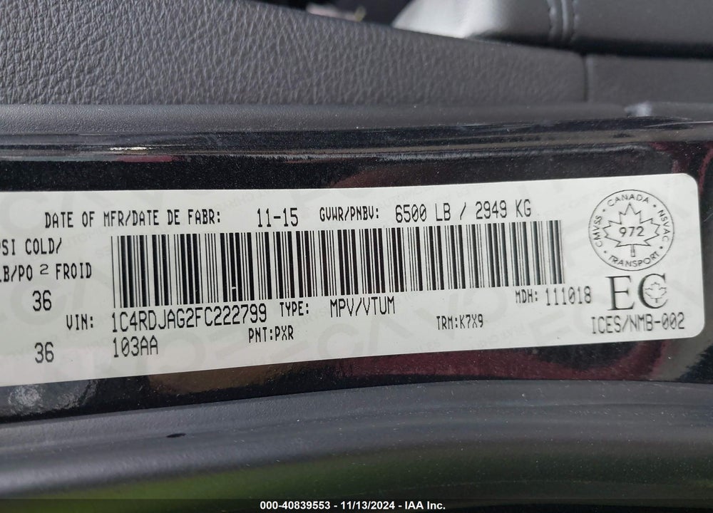2015 DODGE DURANGO SXT VIN: 1C4RDJAG2FC222799