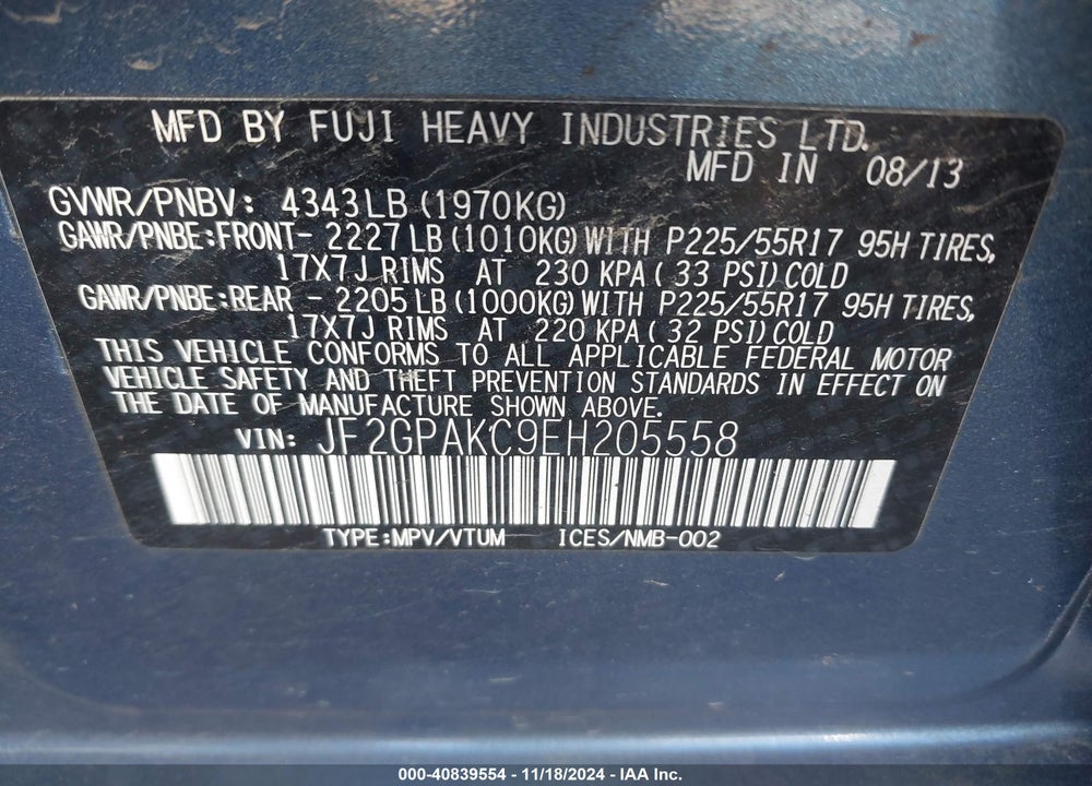2014 SUBARU XV CROSSTREK 2.0I LIMITED VIN: JF2GPAKC9EH205558
